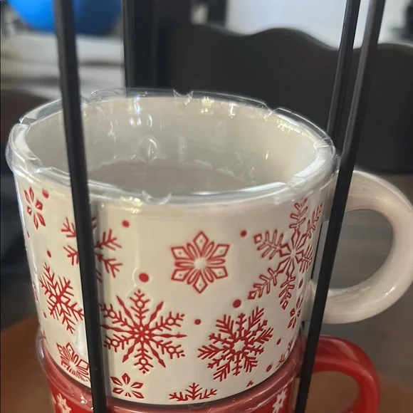 NEW stackable Festive Red and White Holiday Mug Set with cup holder - Picture 5 of 5